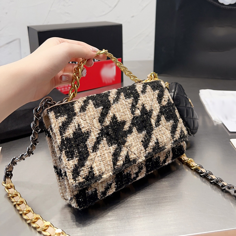 19 Series Tweed Shoulder Bag Women Classic Clamshell Design With Diamond Hardware Gold Metal Crossbody Tote Mini Purse Wool Makeup Bag Dress Bags Two-Piece Set 19cm