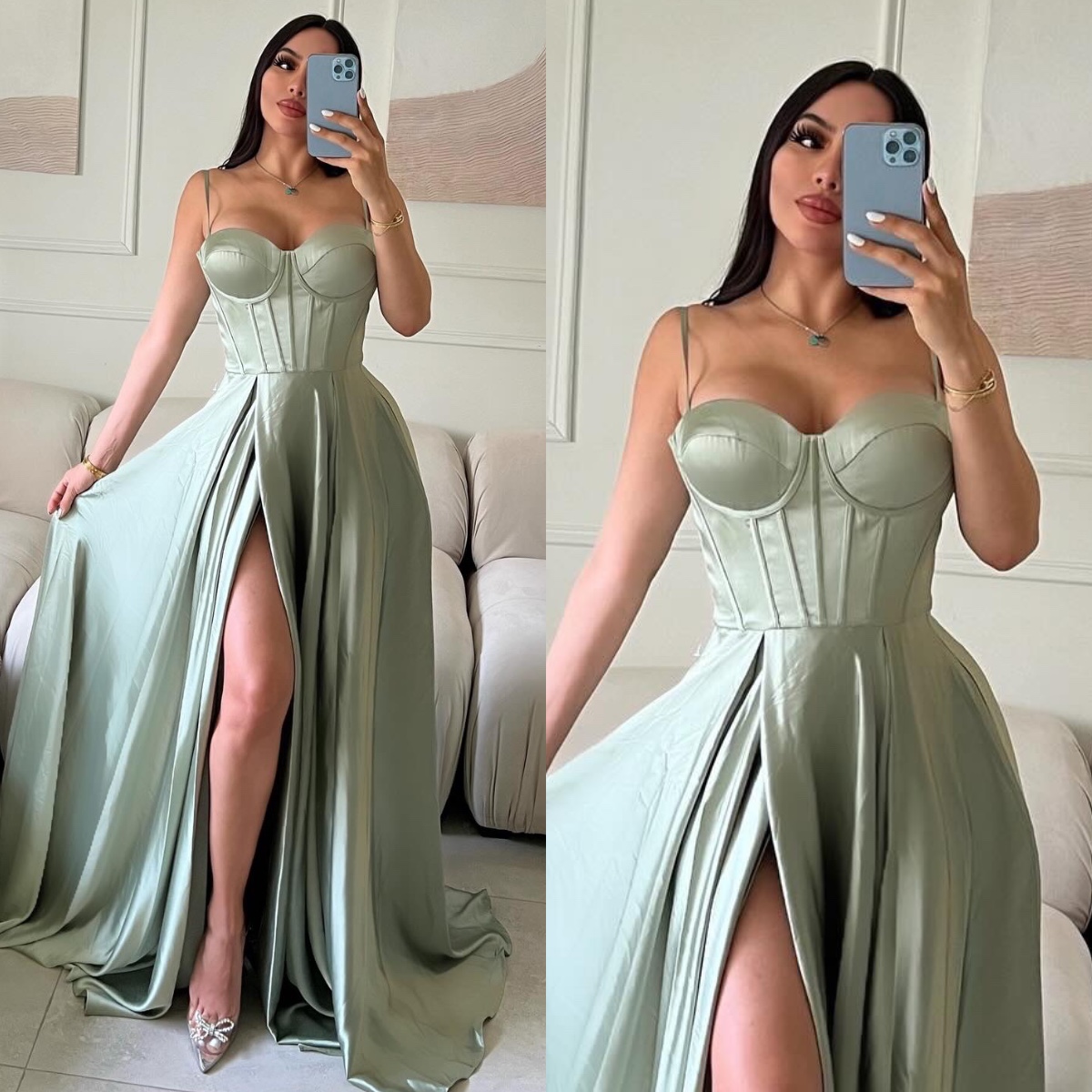 Sexy Sage Prom Dress A E Bone Bodice Spaghetti Evening Dresses Satin Thing Split Backless Beauty Women Formal Gown