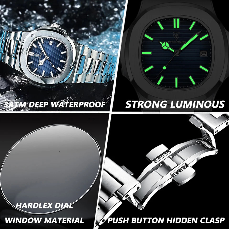 Poedagar business watch waterproof mens watch luminous date stainless steel square quartz mens watch reloj hombre 241009CJ