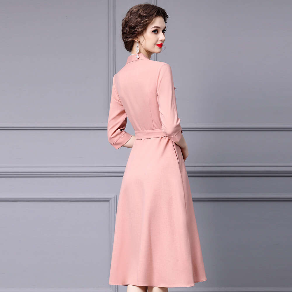 French style V-neck shirt dress with cinched waist and seven quarter sleeves single breasted large swing dress autumn 2024
