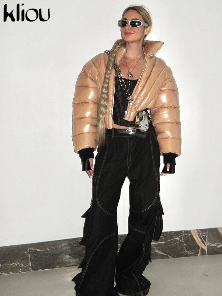 Kliou Winter Womens Naked Midriff Leisure Park K23Y33831 Womens Solid Warm Shell Coat Elegant Womens Stand Collar Apron Jacket 241010