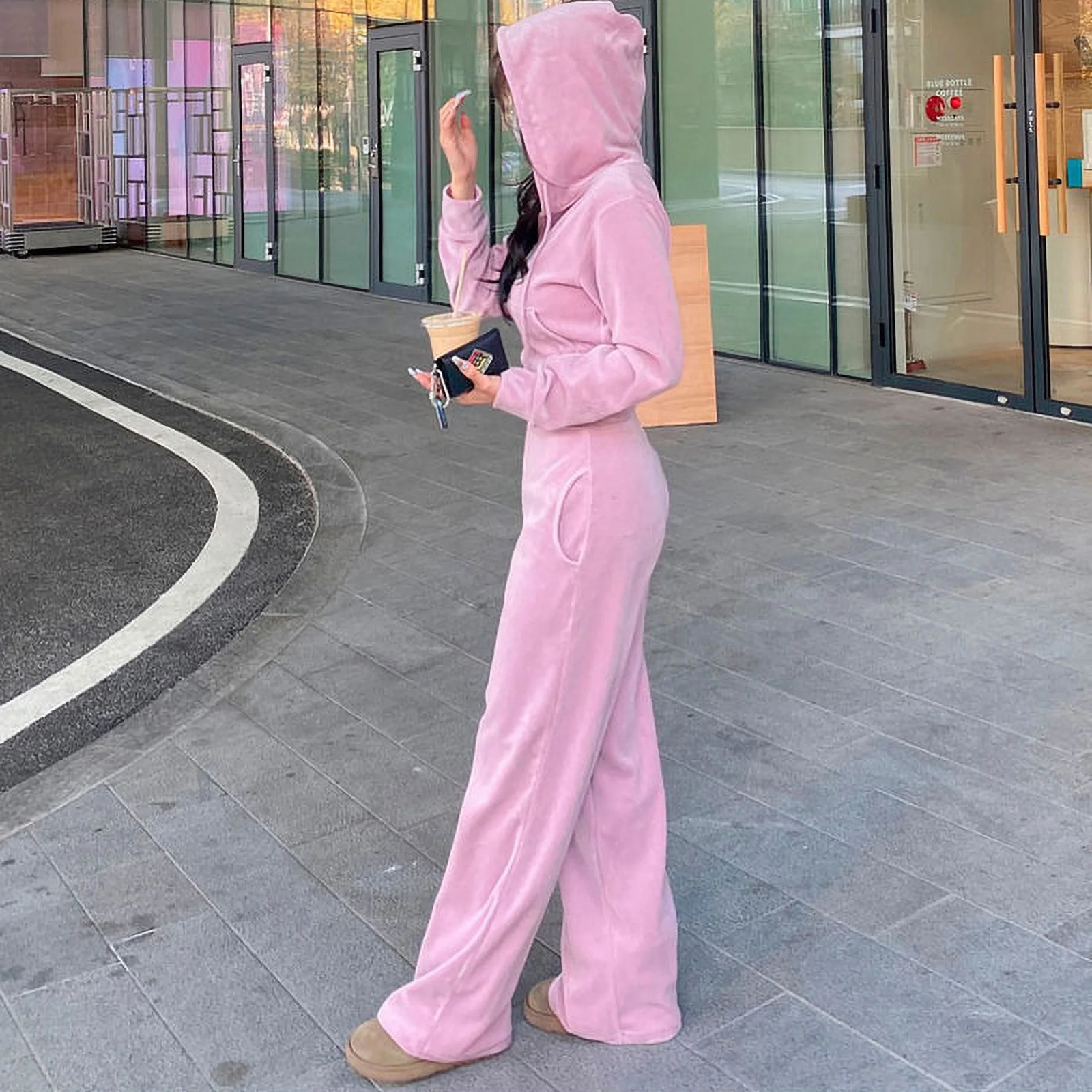 Autumn and Winter Velvet Pure Sports Set Womens Korean Fashion Cutting Hoodie Zipper Casual High Waist Pants Warm 241008