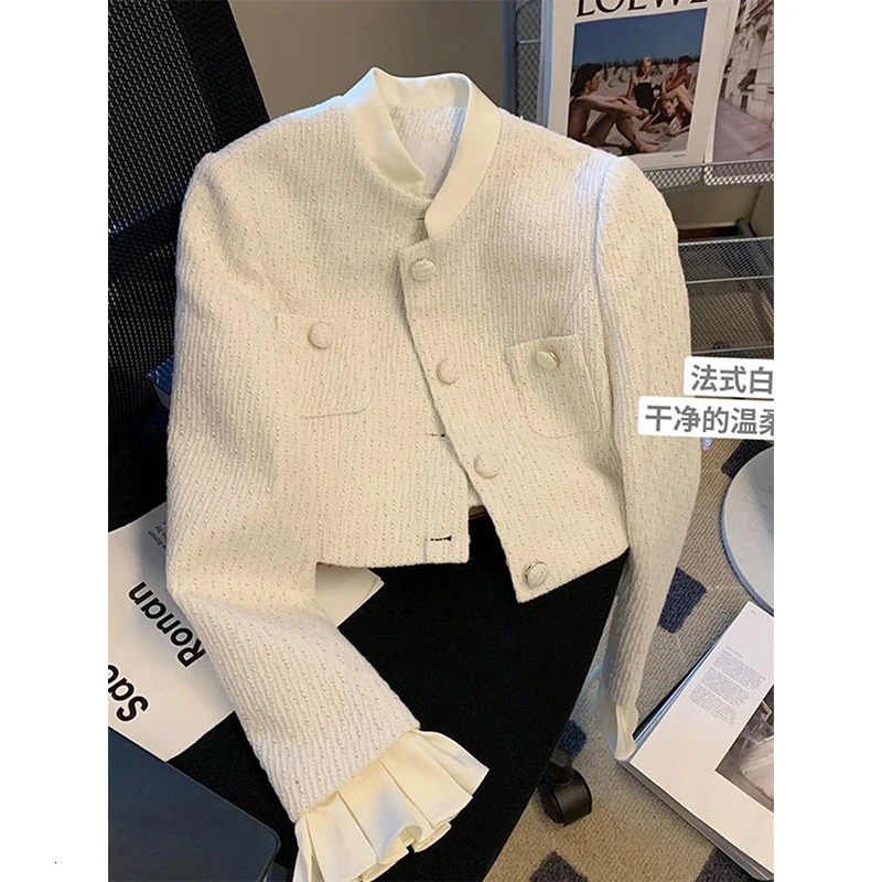 Elegant Tweed Jacket Women Cropped Ruffles Patchwork Quilted Coat Korean Fashion White Blazer Winter Ladies Thicken Outerwear 241011