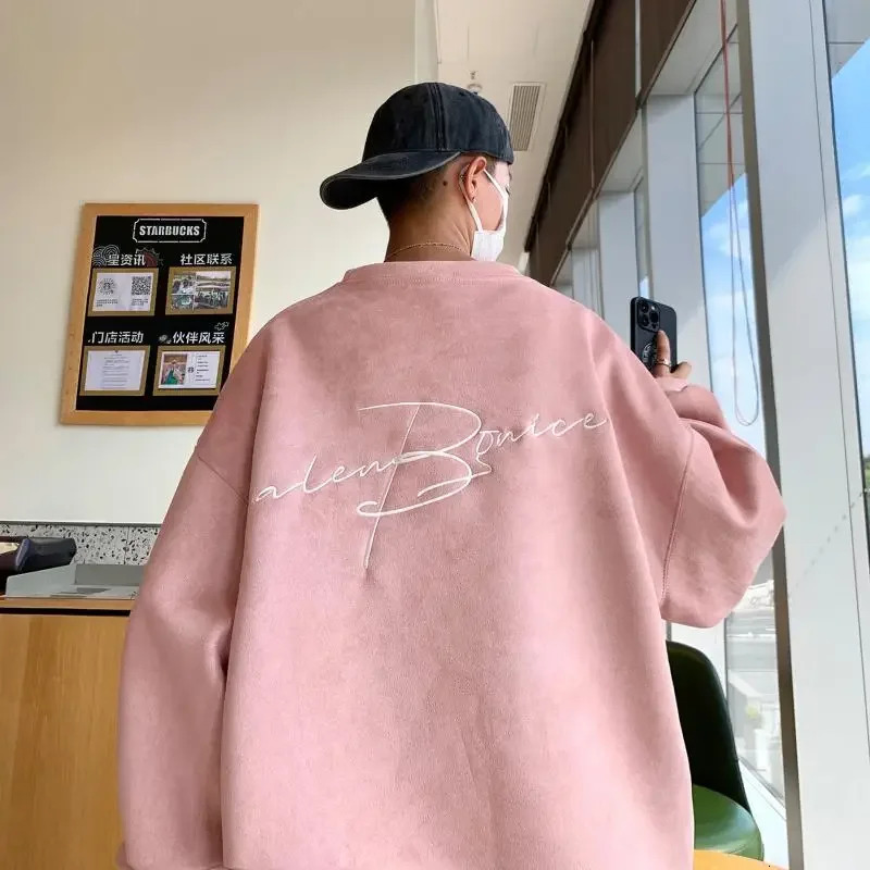 Mens round neck sweater trend for spring autumn and winter high-end suede couple casual loose sweater y2k 241011