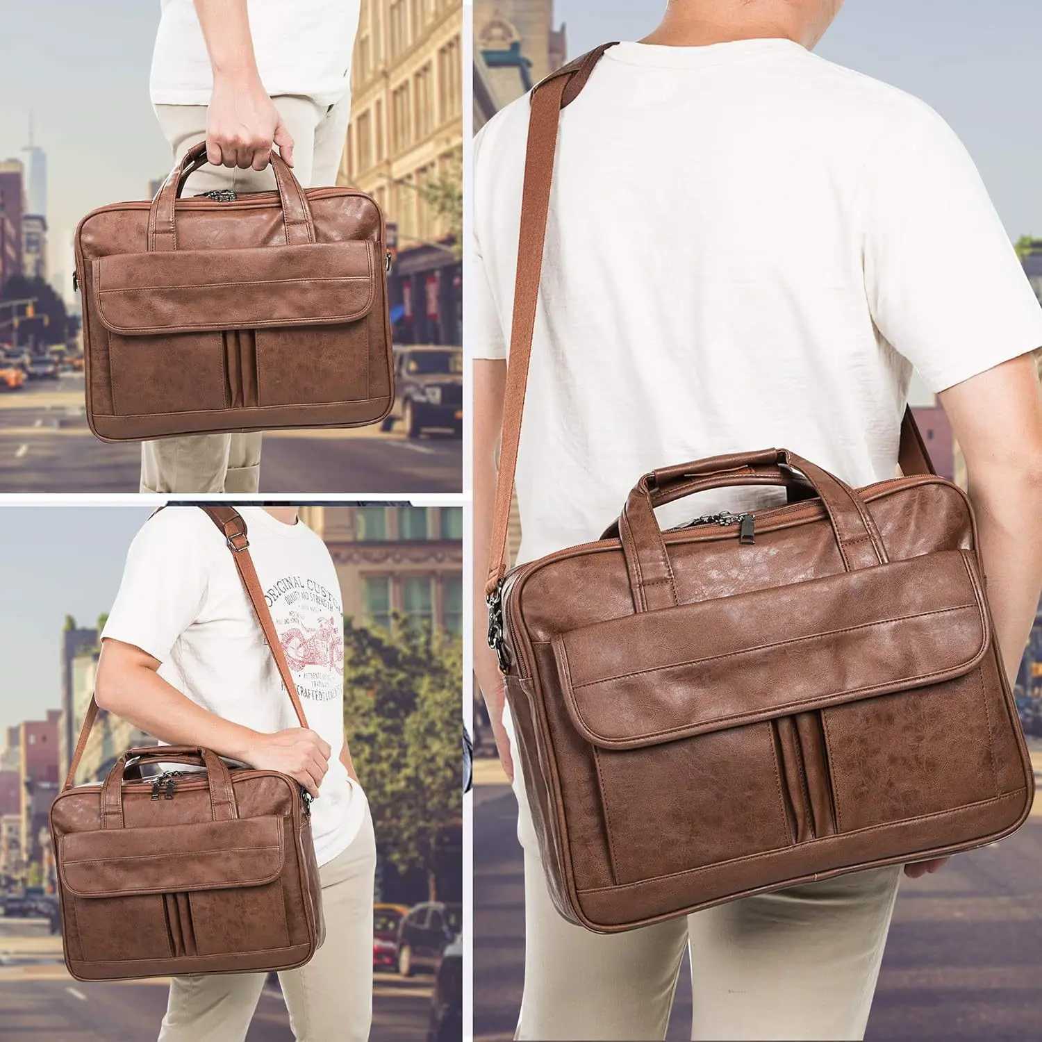 Large Capacity Briefcase MenS Business Shoulder Bag Retro Classical Leather Wide-Strap Crossbody Bag For 17.3inches Laptop Bag Z241012