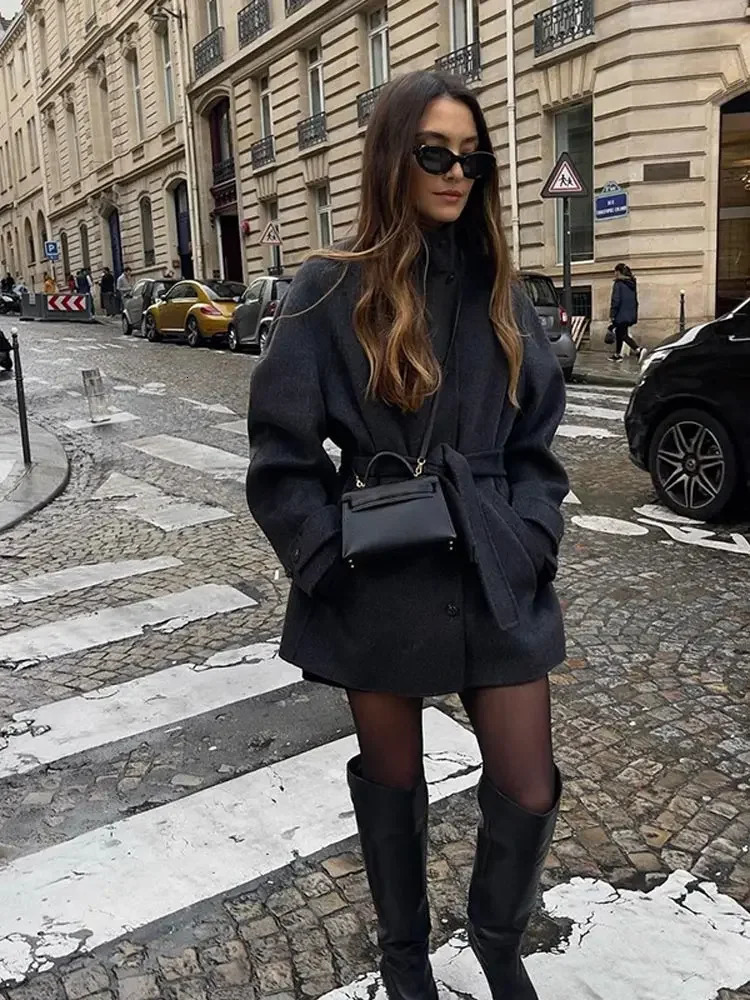 Single Breasted Lace Up Woolen Womens Coat Fashion Warm Solid Pocket Wool Jackets Autumn Winter Female High Street Outerwear 241008