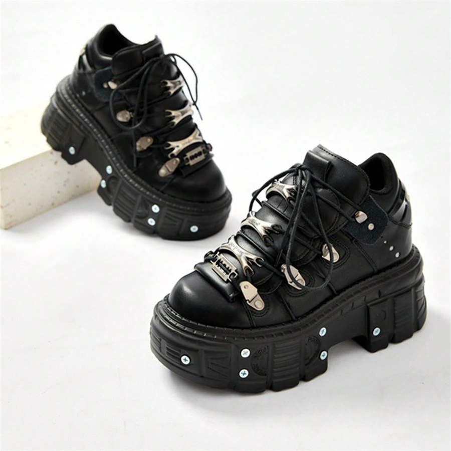 Punk Style Women Black Shoes Rock Metal Decor Lace-up Heel Height Platform Shoes Gothic Man Sneakers Women Ankle Boots 2024 New