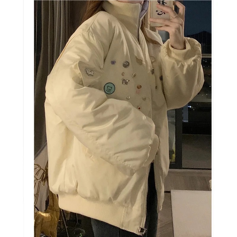 Beige womens clothing jacket top and bottom jacket fashionable streetwear Y2K style American high school winter womens jacket 241009