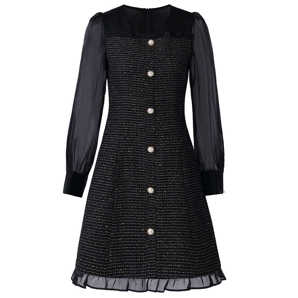 socialite lady style dress 2024 new V-neck bright silk long sleeved patchwork small chunky tweed skirt