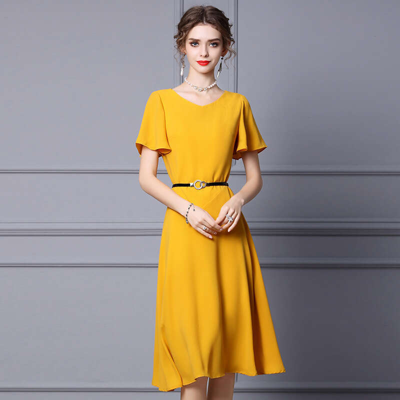 yellow dress 2024 new womens summer ruffled short sleeved mid to long style waist cinching slimming A-line skirt