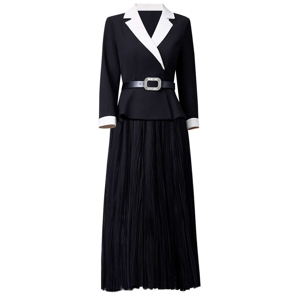 black and white contrasting suit splicing mesh fake two-piece large swing dress temperament goddess style 2024 autumn new item