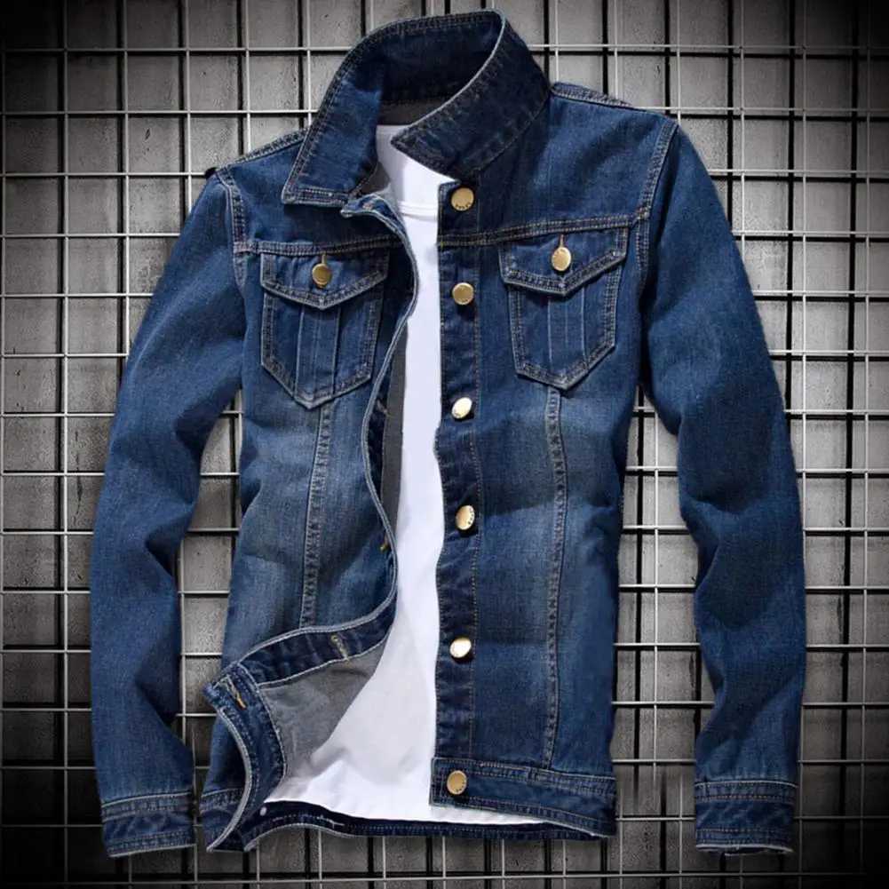 Mens denim jacket single chest retro streetwear collar button up denim jacket mens denim jacket W241011