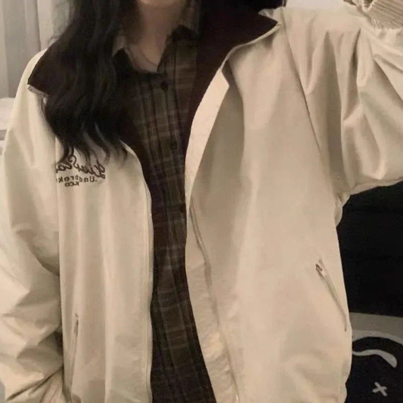 American retro cardigan jacket female autumn n feeling lazy wind baseball uniform loose casual niche couple top 241011