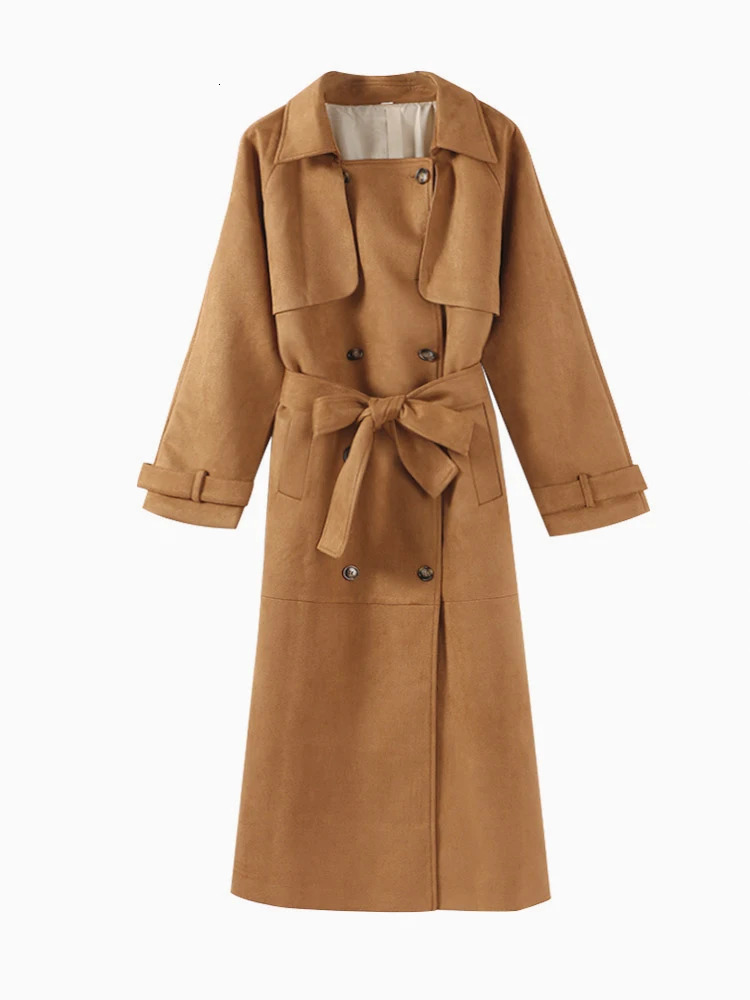 Elegant Suede Long Trench Coats With Belt Women Long Sleeve Double Breasted Windbreaker 2024 Autumn Lady High Street Overcoat 241008