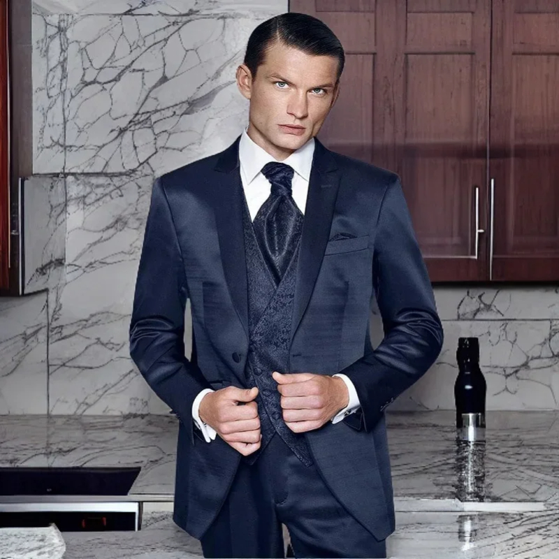 Formal Groom Tuxedos for Wedding 2024 Navy Blue Men Suits Slim Fit Peak Lapel Best Man Blazer 3 Pcs ( Jacket + Pants + Vest )