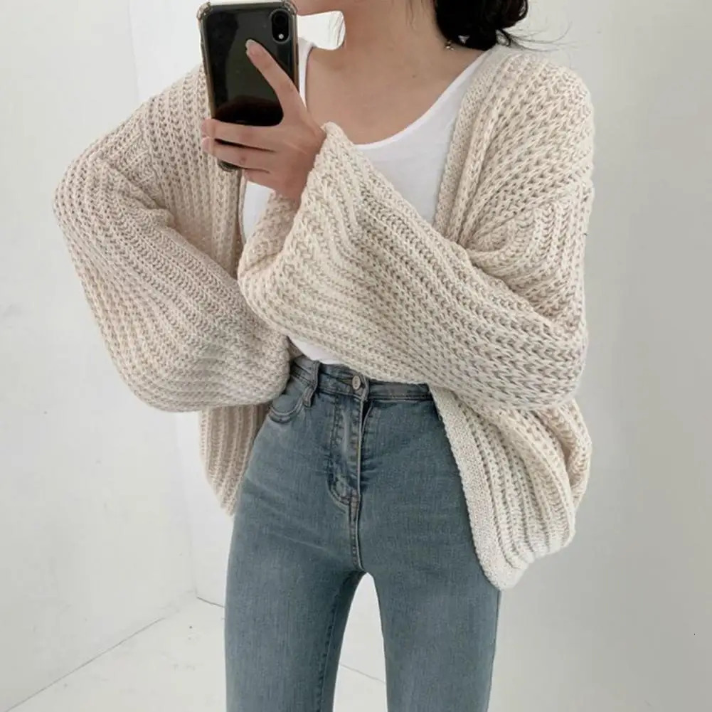 Womens sweater jacket V-neck lantern long sleeved open stitch knitted jacket solid color casual knitted cardigan 241011