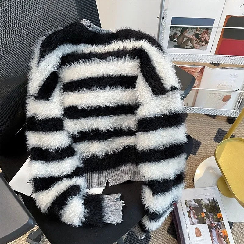 Sweater Cardigans Mink Wool Striped Woman Top Autumn Winter Knitted Korean Oversize Long Sleeve Elegance Sweet OL Casual 241007