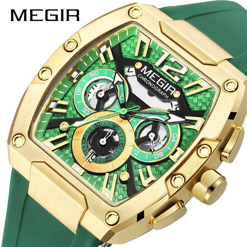 MEGIR 8112 Quartz Watch Fashion Creative Night Light Date Chronograph Simulation Display Green Silicone Strap Men's Watch