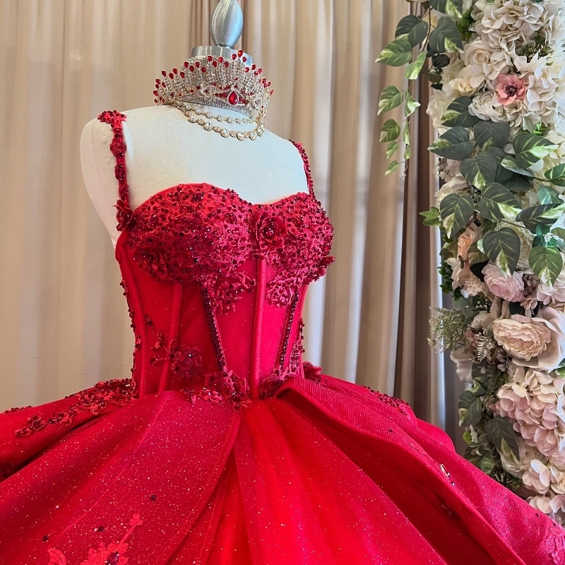 Red Shiny Princess Quinceanera Dresses Lace Appliques Beads Tull Ball Gown Birthday Party Gowns Lace-Up Sweet 16 Dress Vestidos De 15 Anos