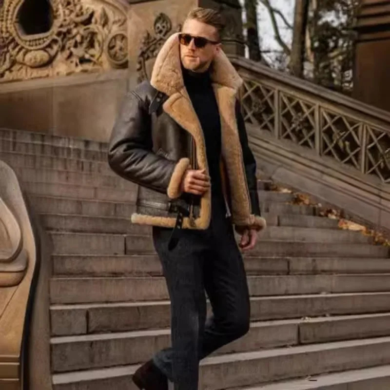 Mens winter fur collar leather jacket mens casual thick cashmere warm PU leather jacket outdoor windproof and cold proof jacket 240930