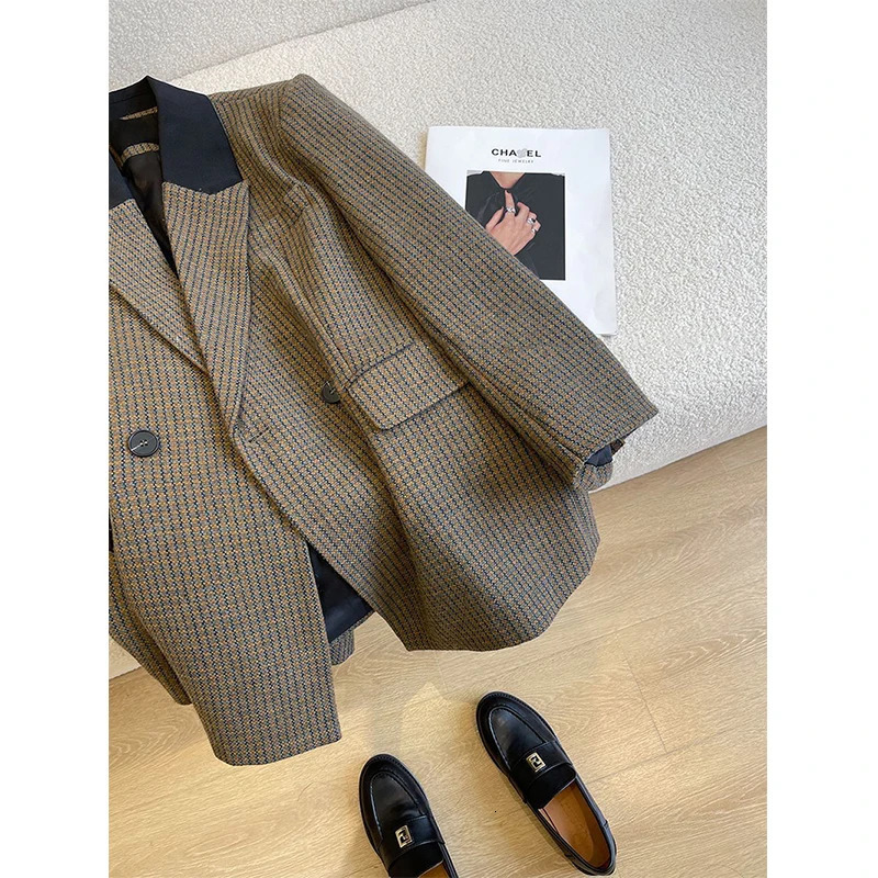 Vintage Wool Blends Coat Elegant Houndstooth Blazer Winter Korean Thicken Jacket Office Ladies Plaid Suit Outerwear 241008