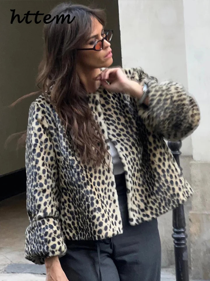 Elegant leopard print womens wool coat loose O-neck long sleeved womens jacket autumn womens retro streetwear 241007