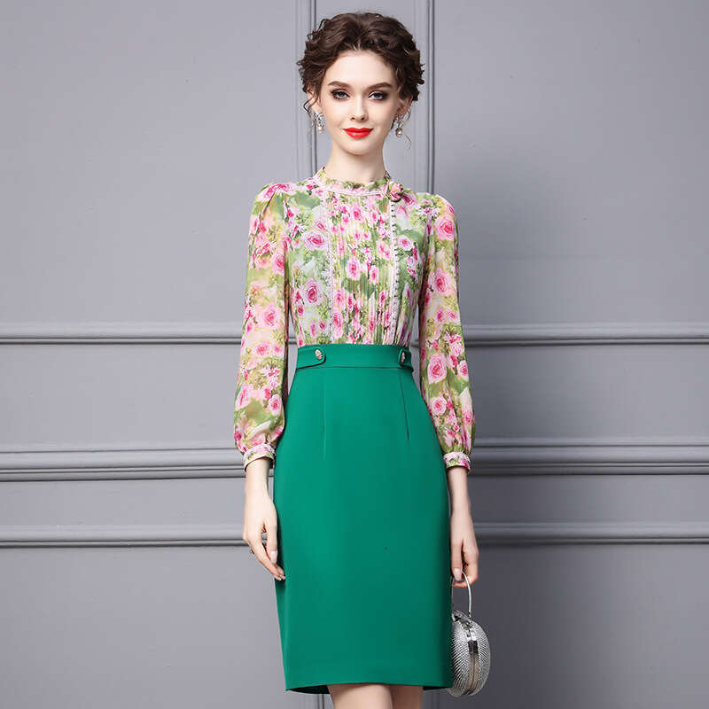 high-end exquisite for women 2024 new style formal occasion green floral long sleeved waist slimming dress