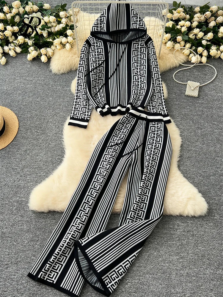 SINGREENY Winter Fashion Knitted Two Piece Womens Hoodie Thick Warm ZipperWide Leg Pants Geometric Printed Sweater Set 241010