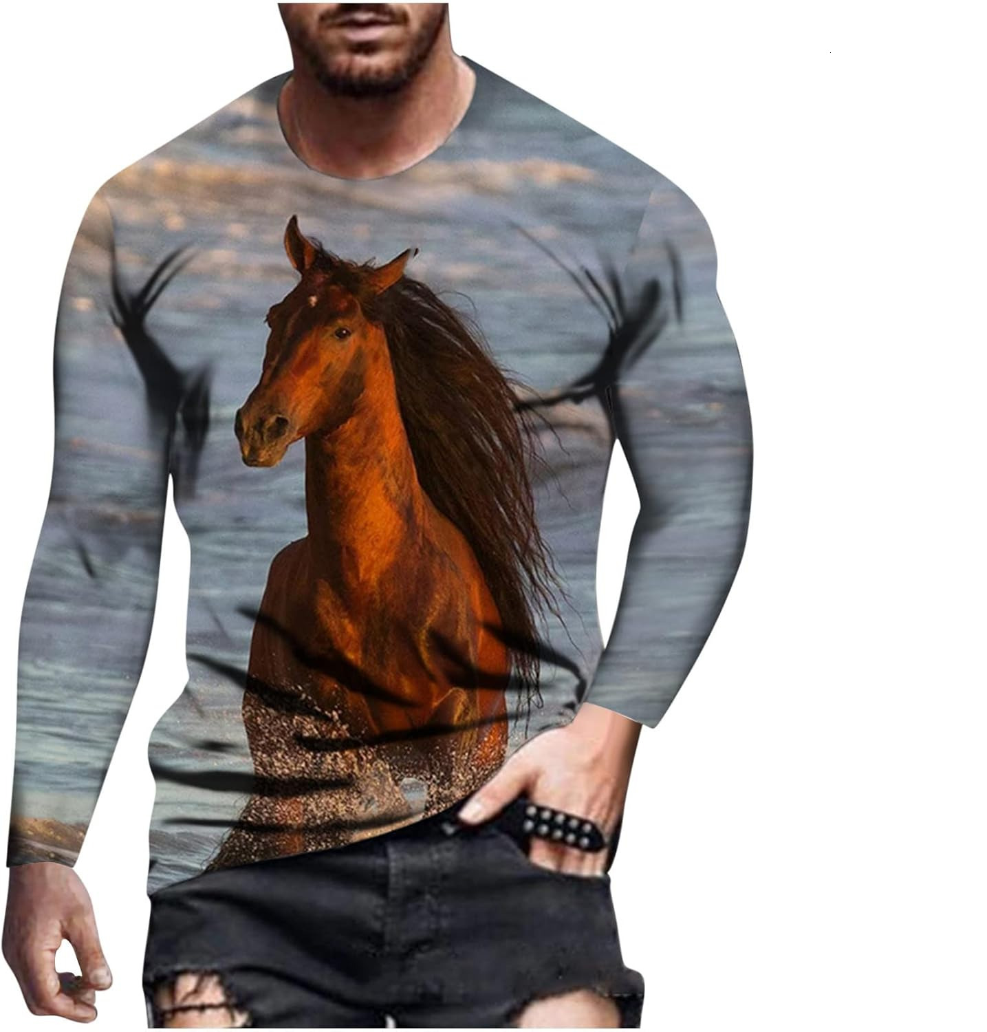 Long Sleeve Shirts for Men sweatshirt Men's Daily Tops 3D Horse Printed Tshirt Long Sleeve Crewneck Lightweight Pullover Casual Animal Graphic co
