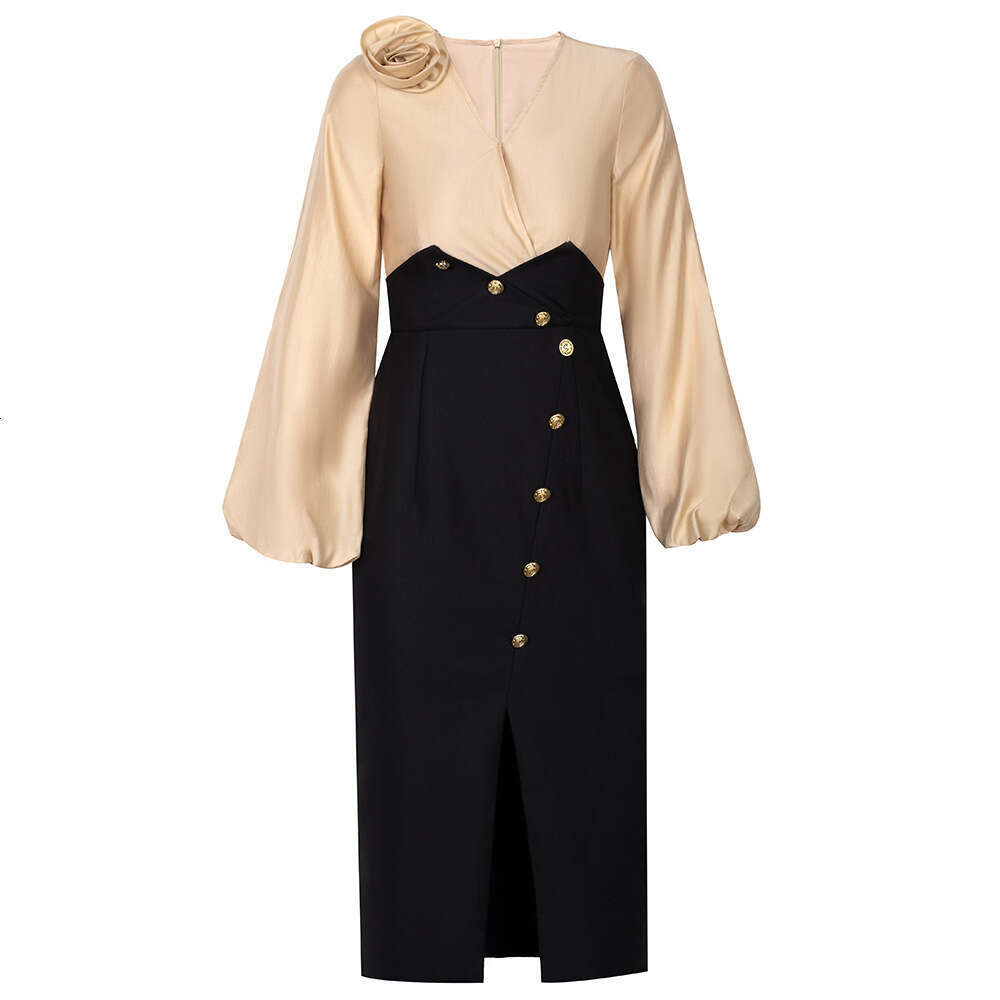 pink high-end socialite temperament dress 2024 new autumn patchwork high waist exquisite slit hip skirt