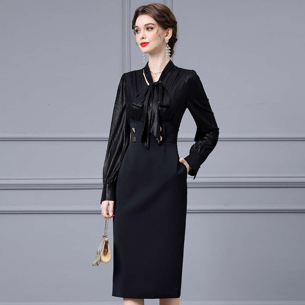 autumn fashion outfit high waist slimming elegant temperament feminine black patchwork dress 2024 new item