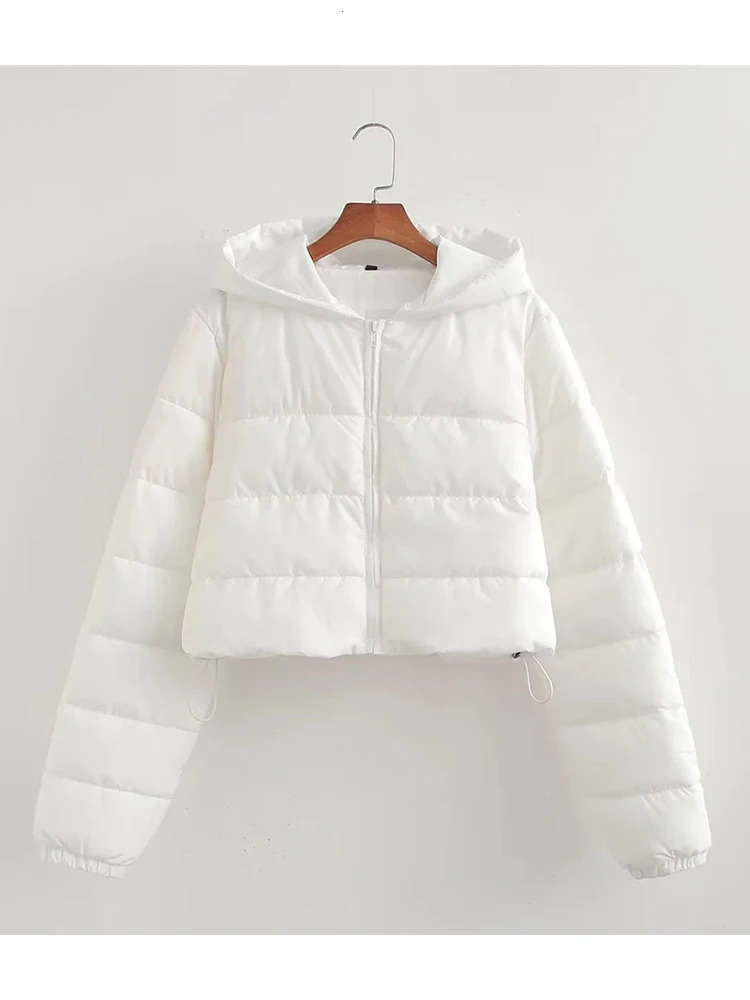 Womens Casual Solid Hooded Zipper Short Jackets Drawstring White Parkas Ladies Outwear Winter Autumn 240930
