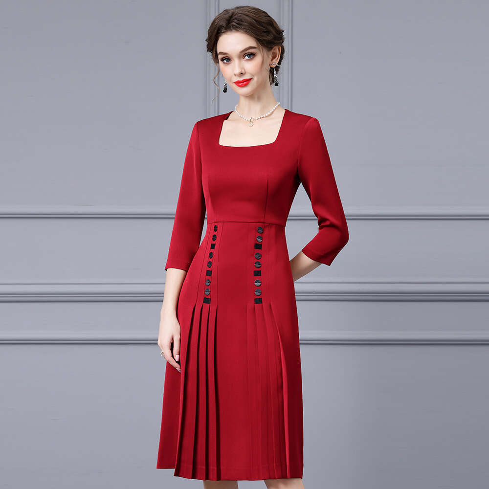autumn clothing 2024 new item seven quarter sleeve high waist slimming noble womens pleated A-line square neck dress