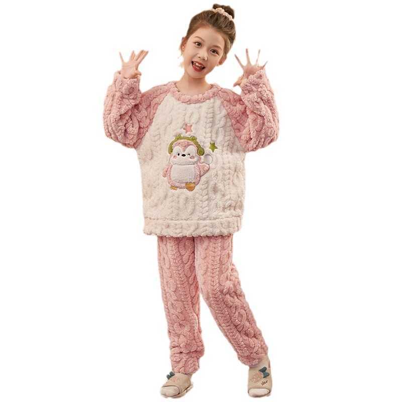 Pajamas Childrens girls winter coral fleece set with thick round neck flannel for girls home wear S2410127
