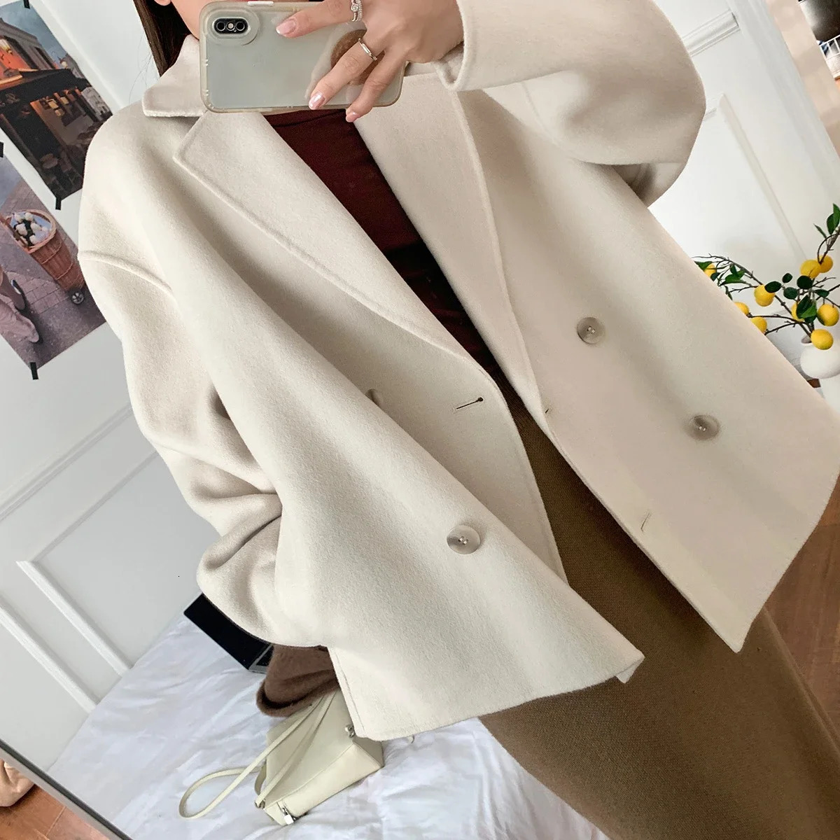 2023 Autumn Doublebreasted Wool Blend Short Women Coat 241008