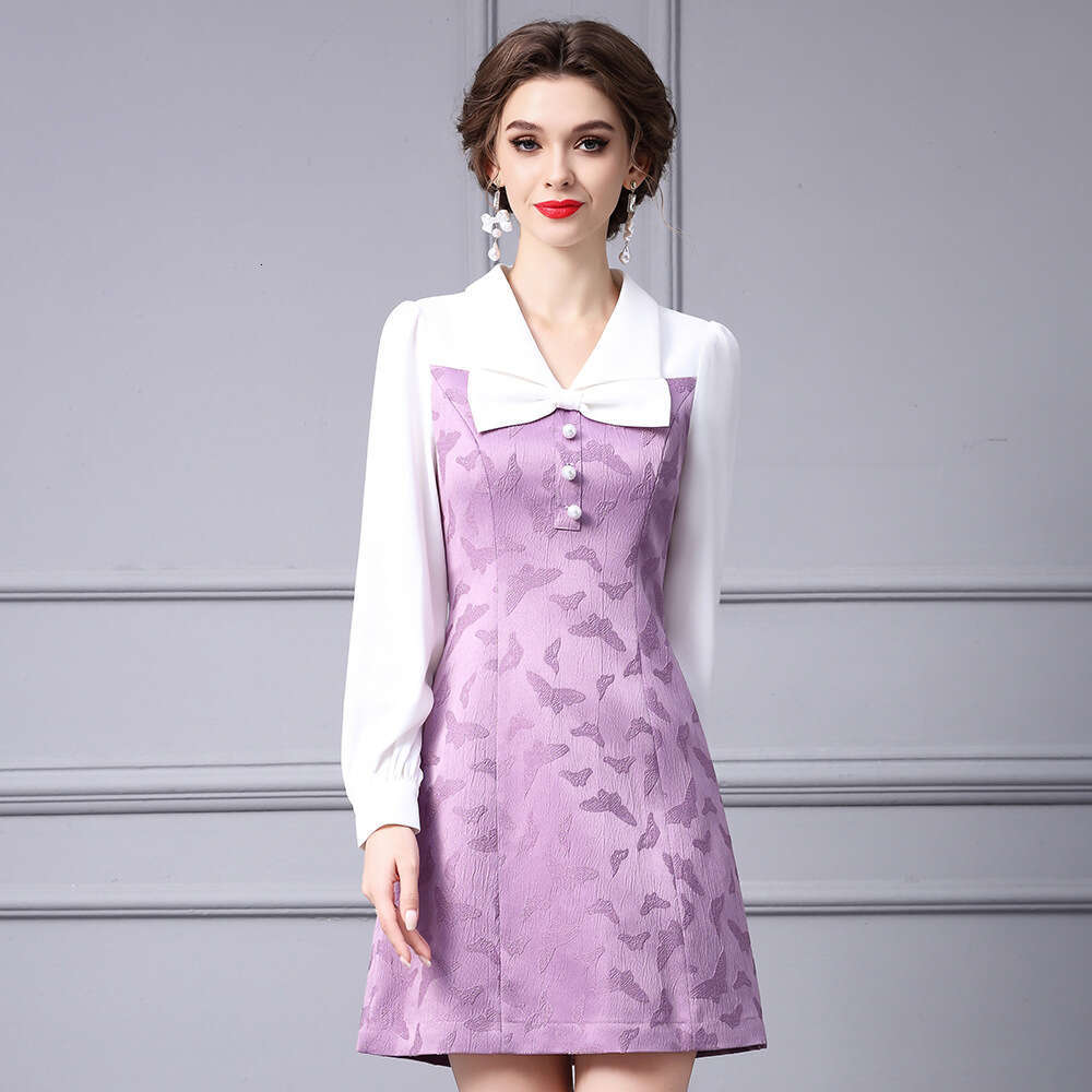 Smart and stylish ladies' style butterfly bow purple patchwork texture jacquard A-line dress 2024 new womens autumn