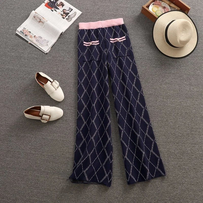 Knitted two-piece womens autumn clothing set casual long sleeved sweater cardiganwide leg pants set 241010