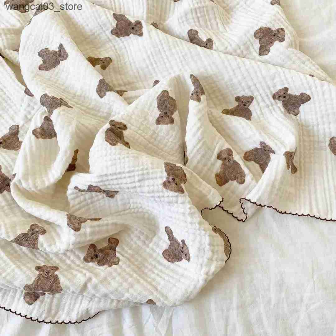 Blankets Swaddling Printed Teddy Bear Super Soft Cotton Muslin BlanketLovely Baby Swaddle Newborn Wrap Bath Towel Baby Receiving Blanket L240910