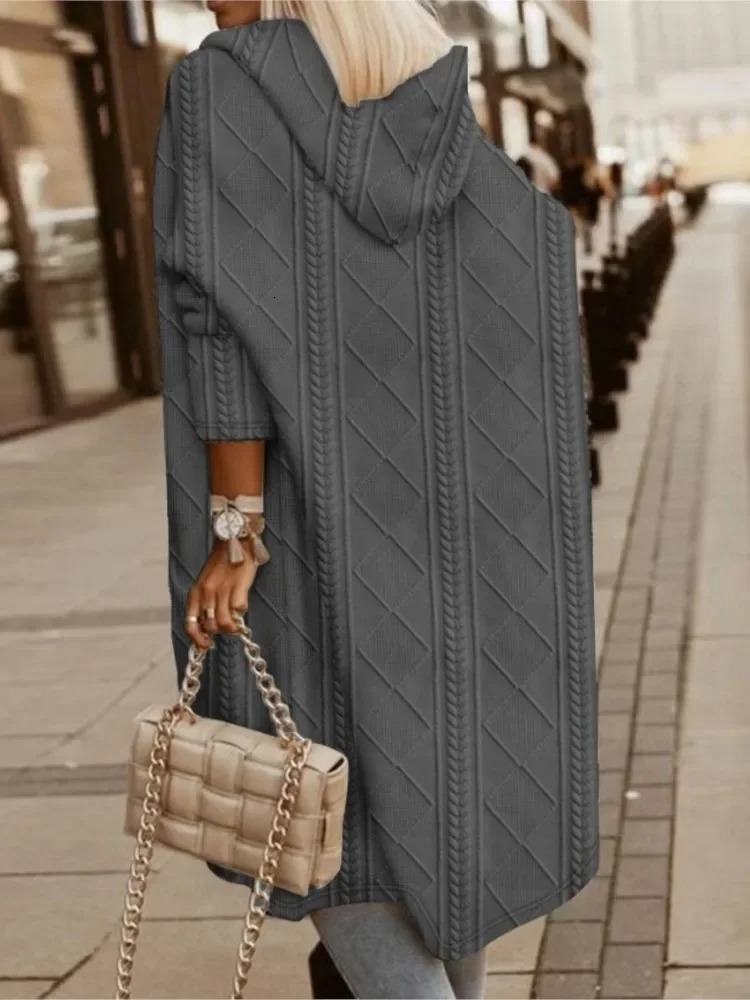 Autumn Winter Women Long Hooded Jacket Fashion Sleeve Sweater Cardigan Loose Jacquard Knited Casual Coat 241011