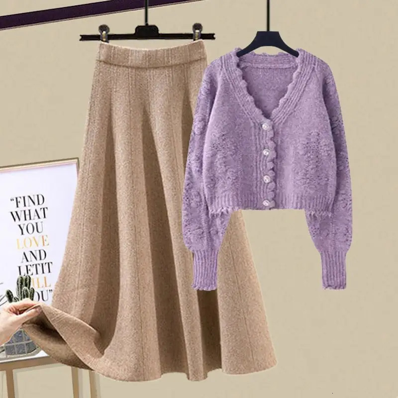 Autumn/Winter Womens Clothing Korean Edition Slim Knitted SweaterHalf Leather Two Piece Set Trendy 241011