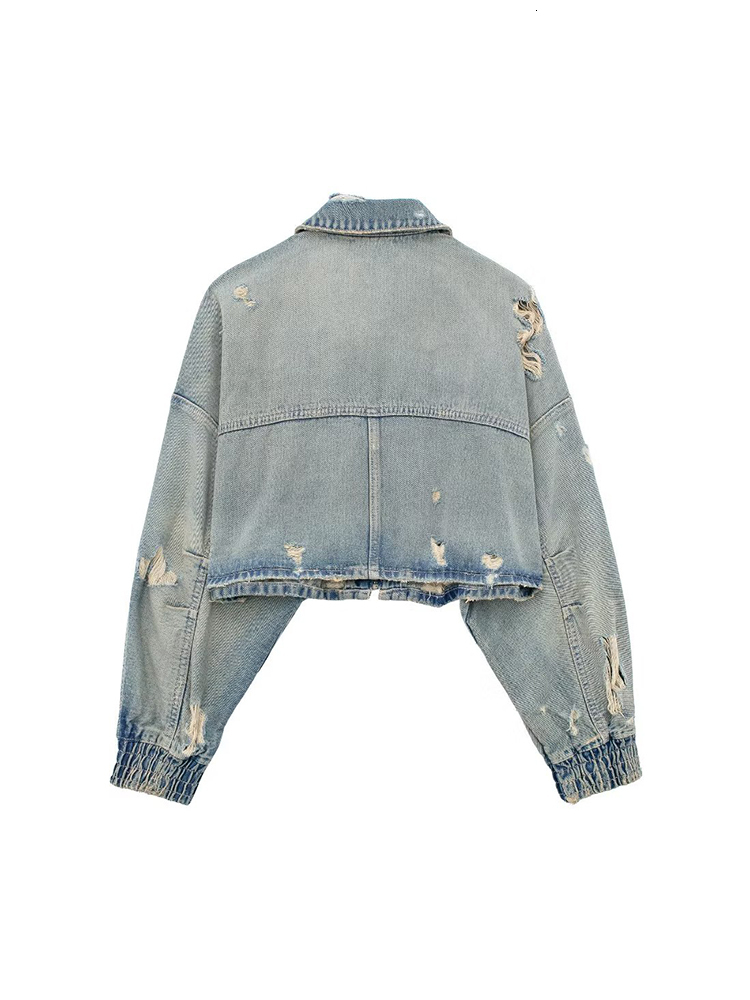 Women Blue Ripped Denim Jacket 2000S Long Sleeve Outerwear Loose Zippers Jean Coat Haruku Korean 90S Vintage Top 2024 Clothes