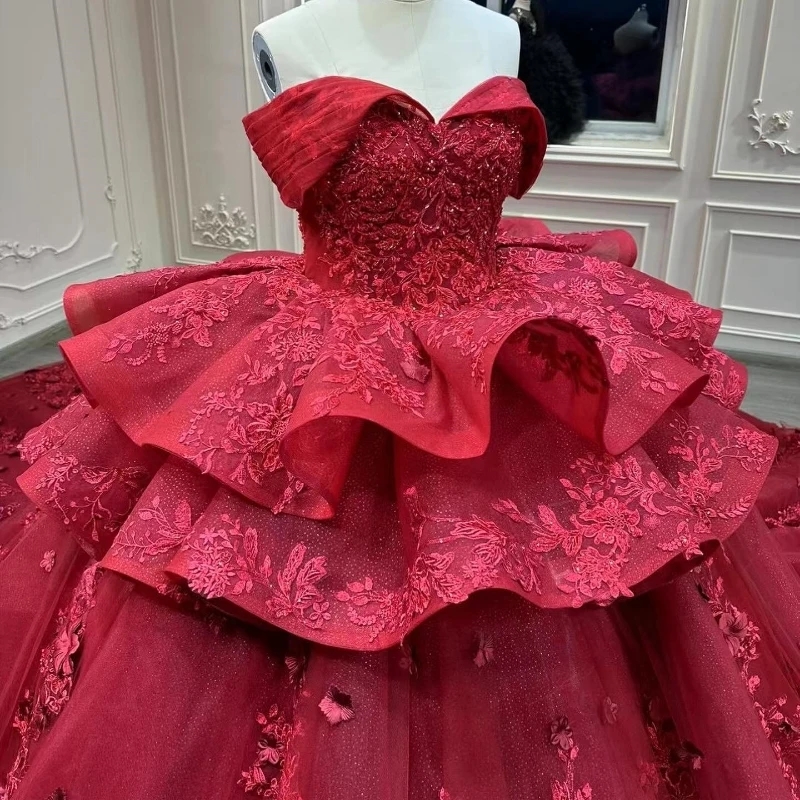 Red Shiny Off the Shoulder Ball Gown Quinceanera Dresses Corset Applique Lace Beaded Formal Lace Up Princess Sweet 16 Dress Vestidos 15 XV Anos