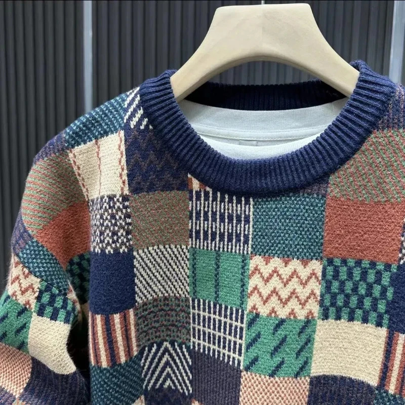 Autumn Winter Fashion Round Neck Long Sleeve Plaid Mens Clothing Hoodies Printing Patchwork Pullovers Korean Trend Chic Top 241010