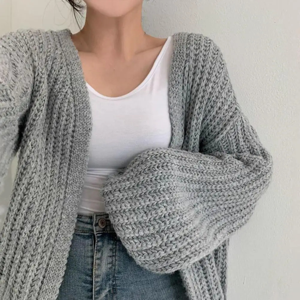 Womens sweater jacket V-neck lantern long sleeved open stitch knitted jacket solid color casual knitted cardigan 241011