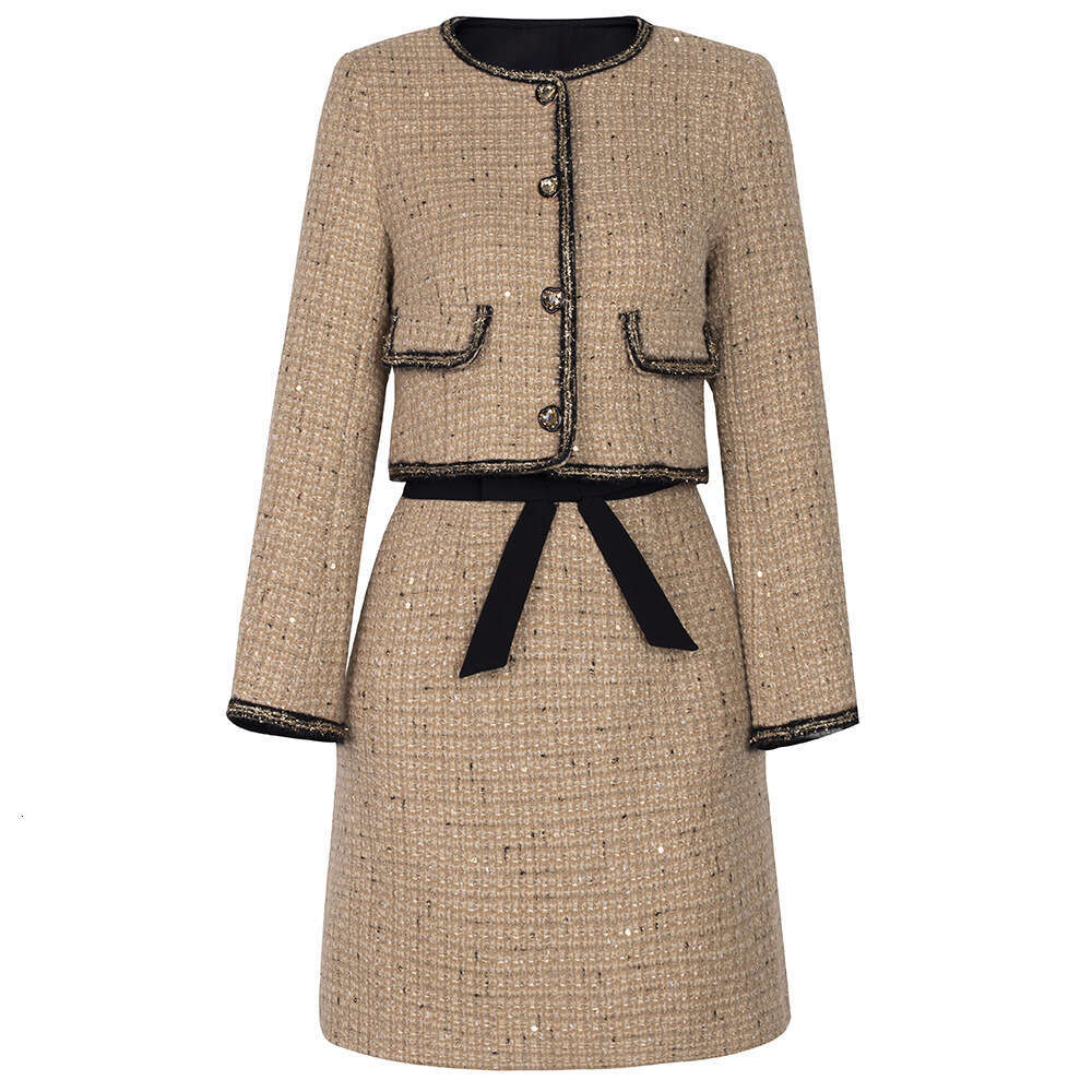 autumn season set womens high-end French socialite tweed short top jacket with skirt two pieces