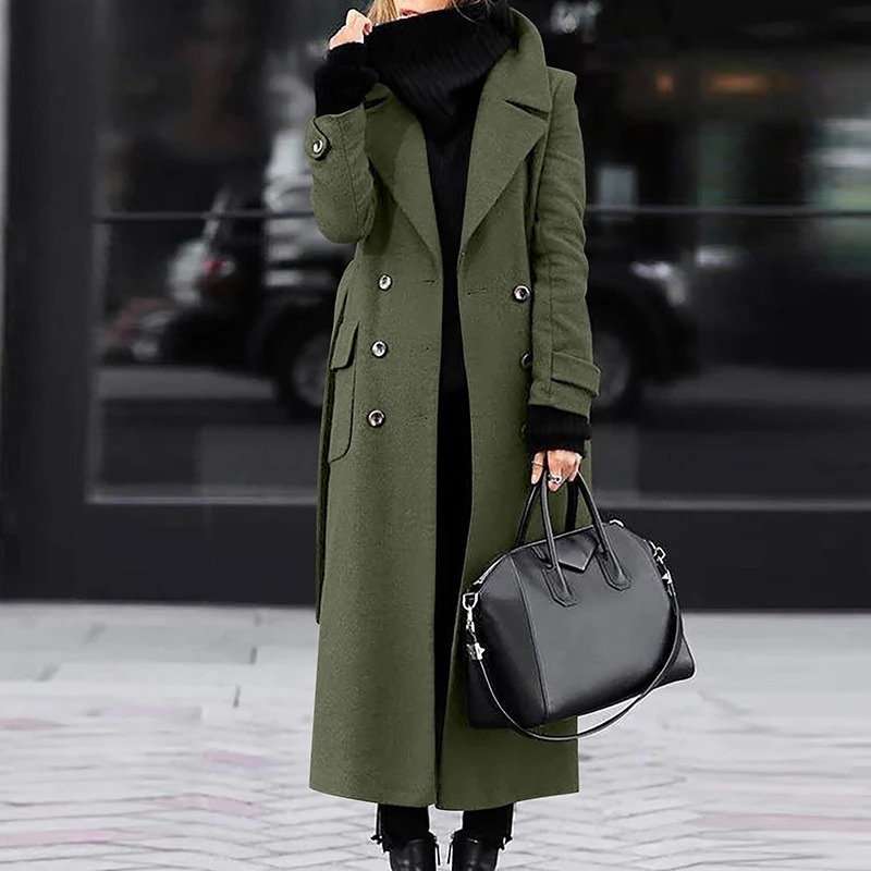 Temperament Lady Pocket Belt Trench Coat Fall Winter Solid Lapel Long Wool Fashion Warm Button Women Overcoat 240930