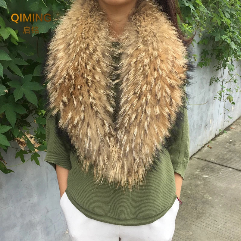 Real Fur Collar Furry Raccoon Fur Scarf Ring Winter Neck Warmer Women Men Jackets Hood Fur Shawl Wraps Fluffy Warm Long Scarf 241009