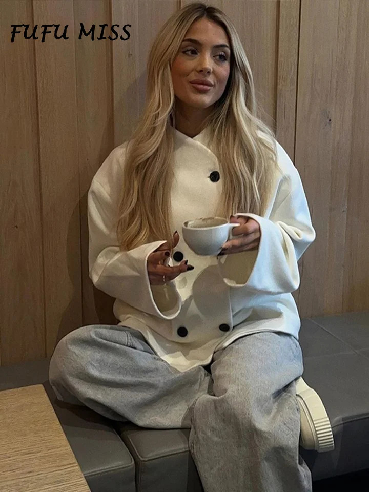 Casual Loose Woolen Womens Coat Solid Stand Collar Long Sleeve Double Breasted Pockets Jacket 2024 Autumn Lady Urban Outerwear 240930