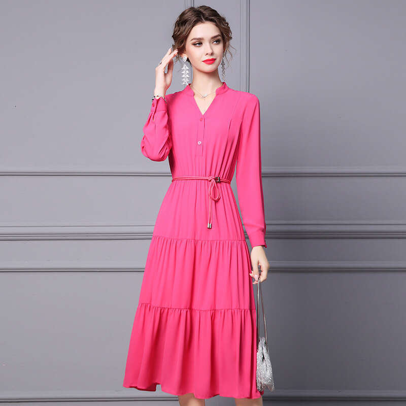 2024 autumn dress new gentle style long sleeved V-neck pleated lace up slimming mid length A-line skirt