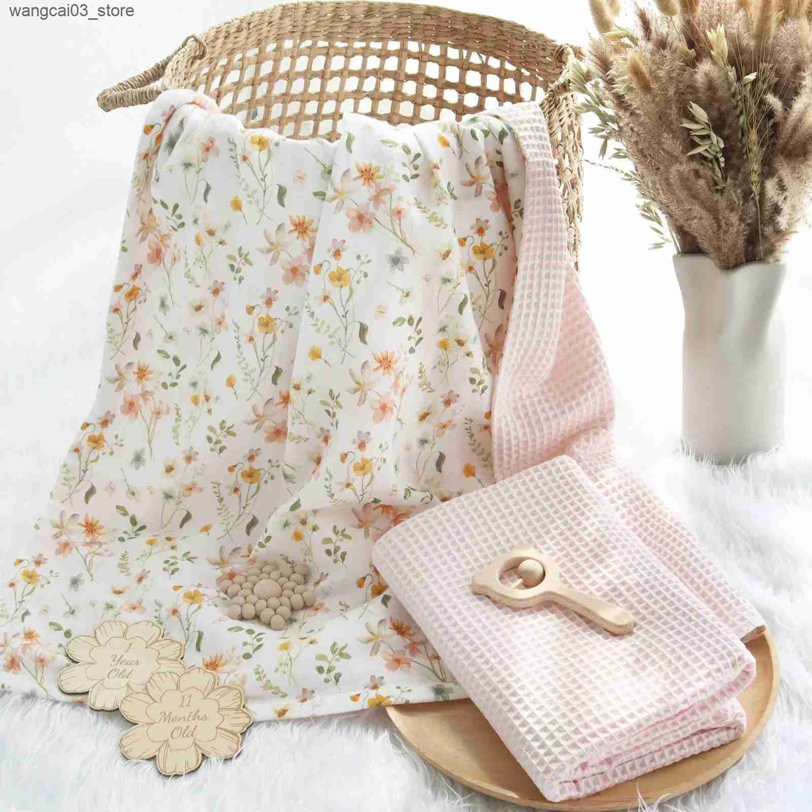 Blankets Swaddling 70% Bamboo 30% Cotton Muslin Cotton Waffle Printed Swaddle Wrap Blanket Baby Blanket Newborn Super Soft Bedding Cover L240910